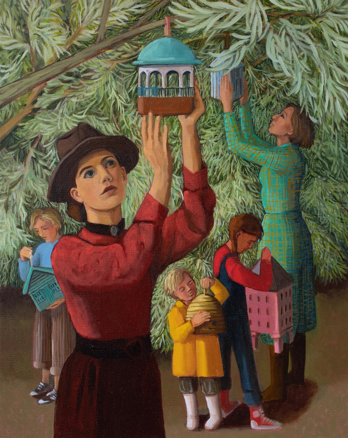 Painting by Ann McCay depicting a family group decorating willow trees. Oil on canvas