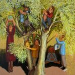 Painting by Ann McCay depicting a family group decorating willow trees. Oil on canvas