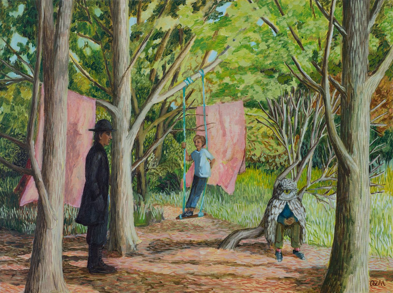 Oil painting by Ann McCay of a man talking to a person in an owl costume in a wood, 55 x 44cm framed size
