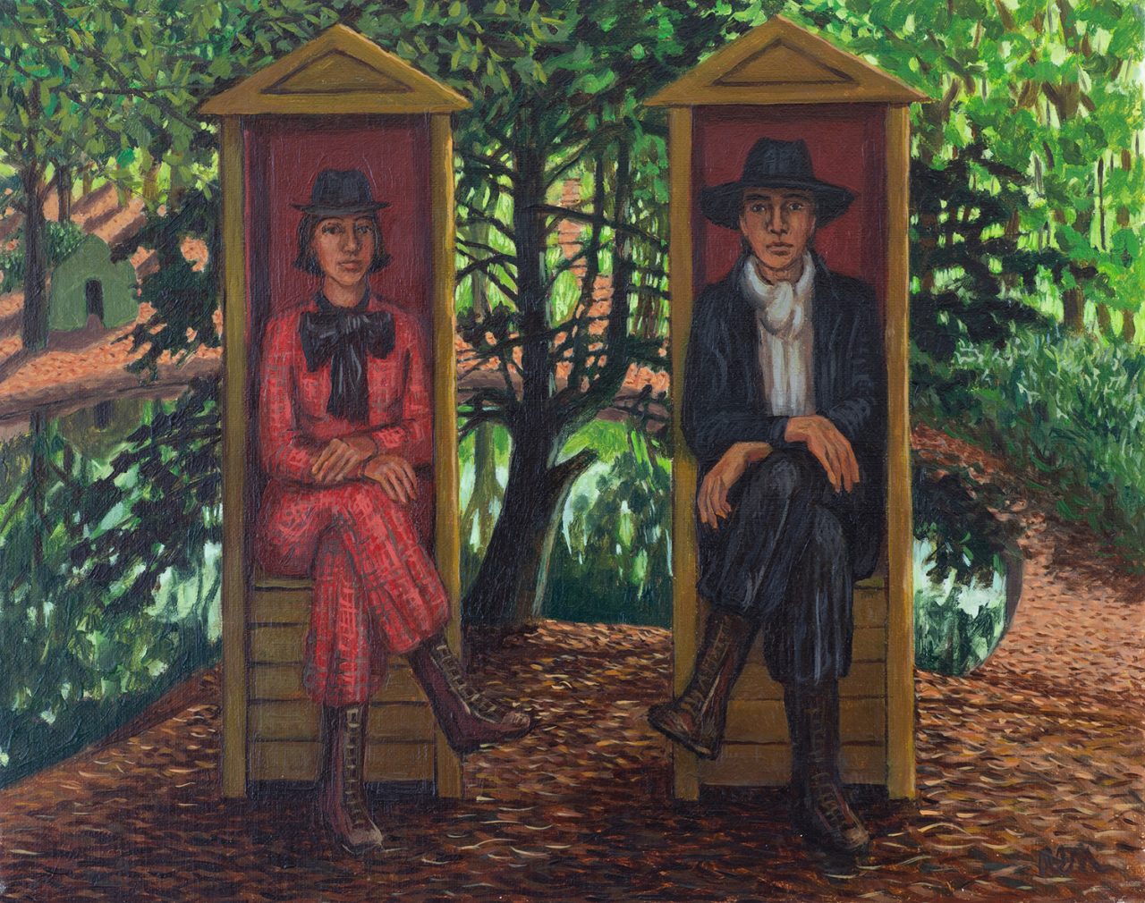 Oil painting by Ann McCay, 44 x 38cm framed, two people in a wood