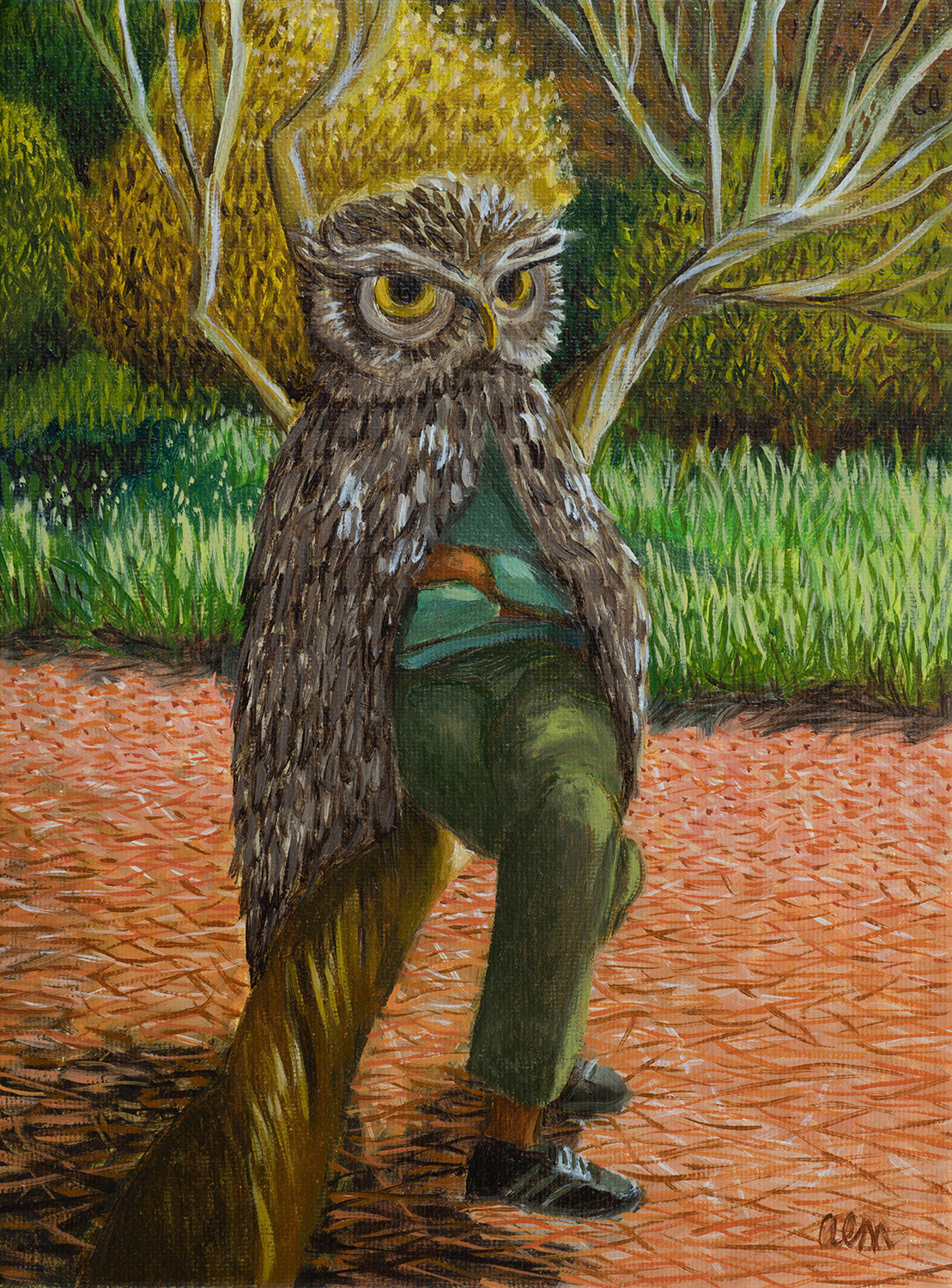 Oil painting by Ann McCay of a person in a Owl costume in a wood, 32 x 38cm framed size