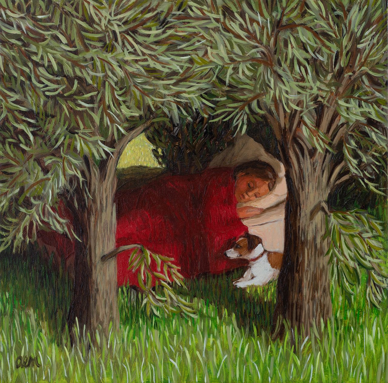 Oil painting by Ann McCay of a girl asleep in a wood with a dog, 34 x 34cm framed size