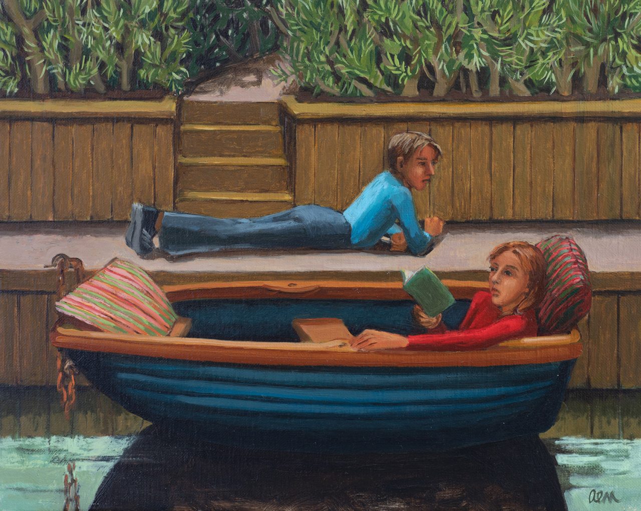 Oil painting by Ann McCay of a young boy talking to a girl in a boat, 44 x 38cm framed size