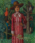 Oil painting by Ann McCay of a woman standing in a wood with children behind her, 38 x 44cm framed size