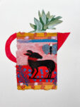 Mixed media un-framed painting by Cornelia O'Donovan of a jug with a black dog image 21 x 30cm