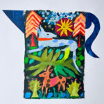 Mixed media un-framed painting by Cornelia O'Donovan of a blue jug with dog and plants 42 x 50cm