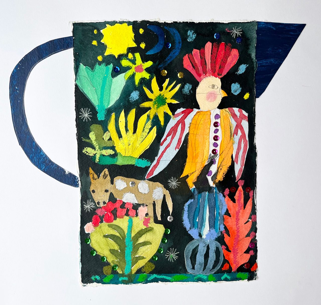 Mixed media un-framed painting by Cornelia O'Donovan of a dark blue jug with calf, birdman and plants 42 x 50cm