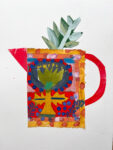 Mixed media un-framed painting by Cornelia O'Donovan of a red and orange jug with green tree and blue apple 21 x 30cm