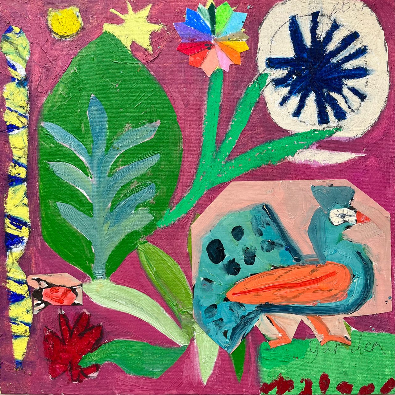 Mixed media un-framed painting by Cornelia O'Donovan of a garden with bird and plants 40 x 40cm
