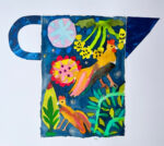 Mixed media un-framed painting by Cornelia O'Donovan of a blue jug with birds 42 x 50cm